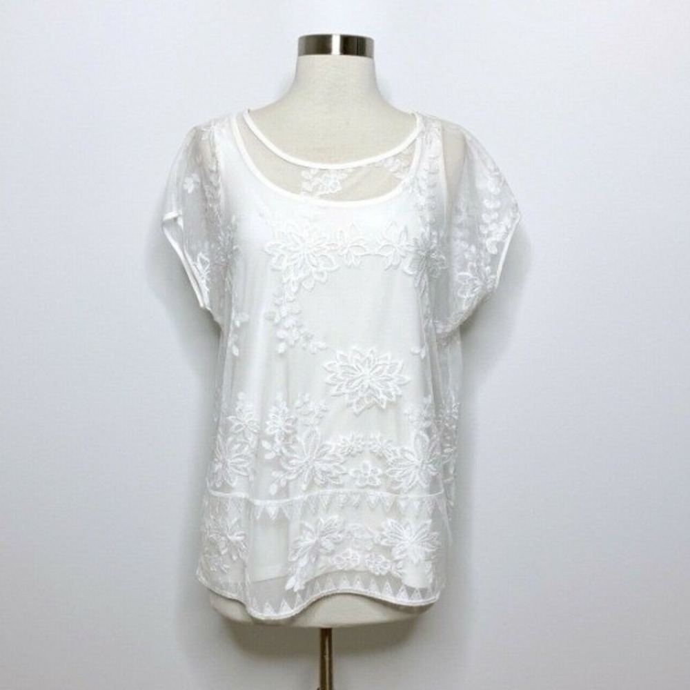 Conrad C Collection Top Size XS White Tank Sheer Overlay NWT Floral Embroidery